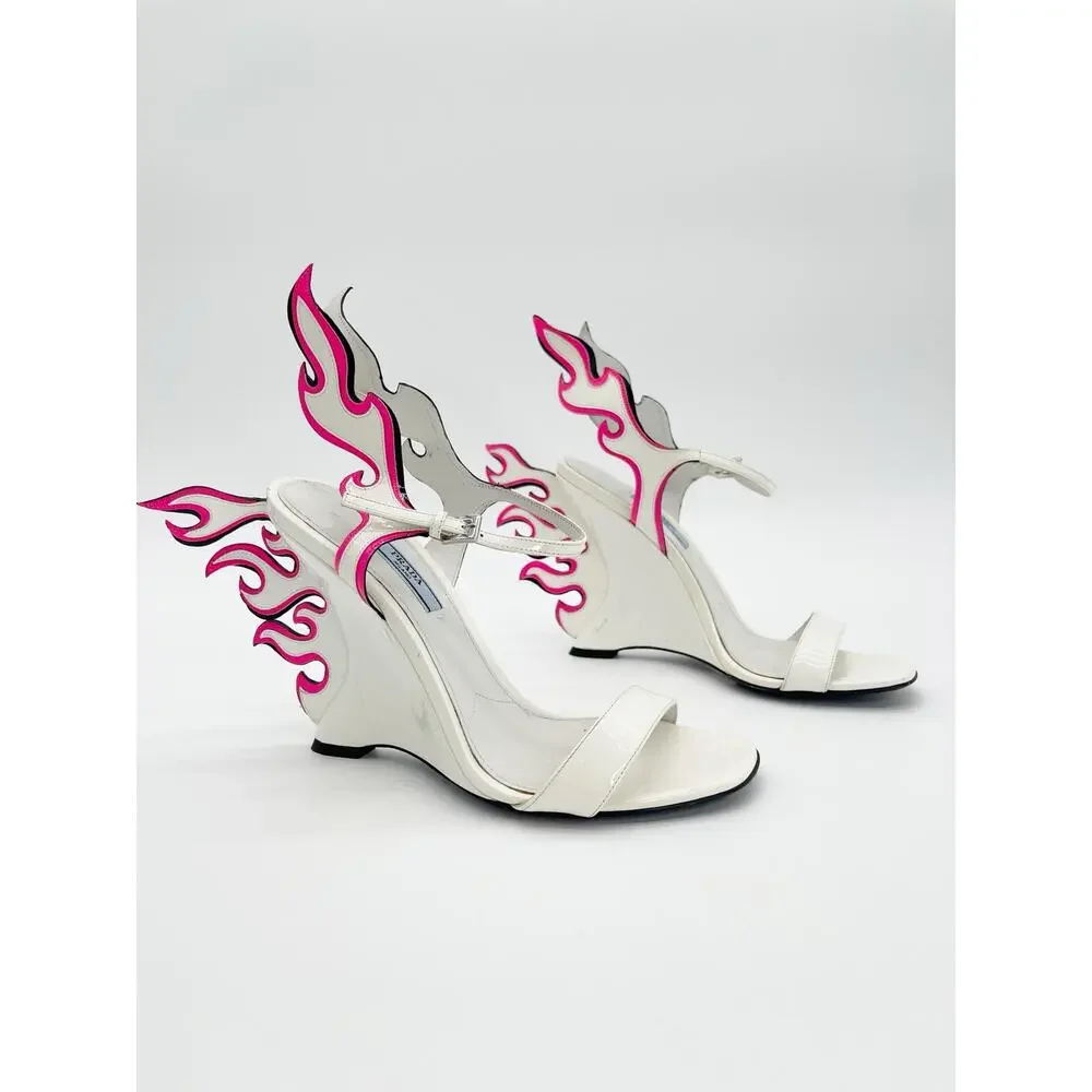 Prada Flame Wedge Sandals White Patent Neon Pink 2018 Reissue Hotrod Heels IT 38 - Picture 2 of 16